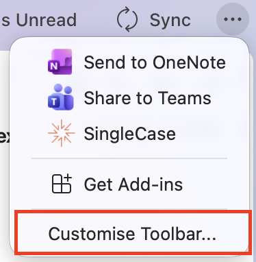 Outlook ribbon overflow menu with Customise Toolbar option highlighted